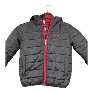 Nike Boys Youth Hooded Coat Jacket Puffer Black Red Full Zip Sz XS 3-4 Years